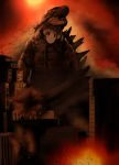  1girl :3 bangs blush brown_eyes brown_hair city closed_mouth commentary_request cosplay costume debris destruction eyebrows_visible_through_hair giantess godzilla godzilla_(2014) godzilla_(cosplay) idolmaster idolmaster_cinderella_girls looking_at_viewer moroboshi_kirari rei_(rei_rr) solo 