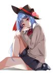  1girl :t alternate_costume black_hat black_skirt blue_hair cardigan commentary_request hand_on_own_knee hands_up hat hinanawi_tenshi knee_up long_sleeves looking_at_viewer miniskirt pleated_skirt pout red_eyes red_neckwear school_uniform simple_background sitting skirt solo tetsurou_(fe+) touhou white_background wing_collar 