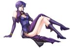  1girl bare_shoulders blue_eyes boots bracer breasts cleavage dress earrings elbow_gloves fire_emblem fire_emblem:_rekka_no_ken gloves highres jewelry knee_boots no_panties purple_hair short_hair side_slit simple_background smile solo tamamon thighs ursula_(fire_emblem) violet_eyes white_background 