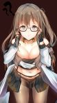  1girl ?? bangs belt black_panties blush breasts brown_background brown_eyes brown_hair brown_legwear buckle choker cleavage collarbone commentary commentary_request cowboy_shot eyebrows_visible_through_hair fingerless_gloves girls_frontline glasses gloves hair_ornament hairclip hand_in_hair hand_on_eyewear hands_on_own_face highres k-2_(girls_frontline) leaning_forward long_hair long_sleeves looking_at_viewer medium_breasts miniskirt navel one_side_up open_mouth panties pantyhose septet_(zrca_janne) side_ponytail sidelocks simple_background skirt smile solo standing stomach strap thighband_pantyhose underwear 
