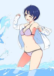  1girl :d bangs bare_shoulders bikini blue_hair blush breasts commentary_request contrapposto eyebrows_visible_through_hair hand_up hi_iro medium_breasts navel off_shoulder one_eye_closed open_mouth original purple_bikini shirt smile solo standing swimsuit violet_eyes wading water white_shirt 