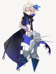  1girl ahoge bell coat cosplay crotch_plate fate/grand_order fate_(series) hair_ribbon headgear highres jeanne_d&#039;arc_(fate)_(all) jeanne_d&#039;arc_alter_santa_lily kogekontaro long_hair meltlilith_(fate) meltlilith_(fate)_(cosplay) midriff navel ribbon sleeves_past_wrists solo spikes white_hair yellow_eyes 