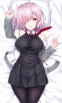 1girl arm_up bare_shoulders bed beeyan black_dress black_legwear breasts collared_dress commentary_request cowboy_shot dress eyebrows_visible_through_hair eyes_visible_through_hair fate/grand_order fate_(series) fine_fabric_emphasis from_above grey_jacket hair_over_one_eye half-closed_eyes hand_up highres jacket large_breasts long_sleeves looking_at_viewer lying mash_kyrielight necktie off_shoulder on_back on_bed open_clothes open_jacket pantyhose parted_lips pillow pink_eyes pink_hair red_neckwear shiny shiny_hair short_hair sleeveless sleeveless_dress solo taut_clothes taut_dress 