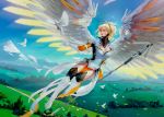  1girl adapted_costume alternate_wings angel_wings artist_name bird blonde_hair blue_eyes blue_sky bodysuit breasts brown_legwear cleavage commentary day dove faulds feathered_wings feathers flying full_body glowing glowing_wings greaves hair_tie halo high_ponytail hill holding holding_staff landscape large_breasts long_hair looking_at_another mechanical_halo mercy_(overwatch) mountain nose oliver_wetter outdoors outstretched_arm overwatch pelvic_curtain pink_lips signature sky solo spread_wings staff thigh-highs white_bodysuit white_feathers wings yellow_wings 