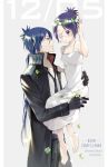  1boy 1girl barefoot blue_hair carrying chrome_dokuro clover dated dress ekita_xuan eyepatch gloves head_wreath highres jewelry katekyo_hitman_reborn long_hair long_sleeves looking_at_another necktie purple_hair red_eyes ring rokudou_mukuro violet_eyes 