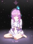  1girl barefoot between_legs cat_ear_headphones commentary_request directional_arrow doremi dress full_body gloves hand_between_legs headphones highres jitome light_particles long_hair looking_at_viewer original paw_gloves paws purple_hair short_sleeves sitting solo violet_eyes white_dress white_gloves 