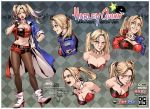  1girl blonde_hair breasts character_name character_sheet cleavage collar dc_comics dcwj english fingerless_gloves full_body gloves grin harley_quinn high_heels looking_at_viewer medium_breasts midriff multiple_views navel open_mouth pantyhose shorts smile solo suicide_squad tally tokkoufuku twintails 