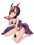  1girl bare_legs barefoot blush breasts closed_mouth commentary_request cup eyeshadow fate/grand_order fate_(series) fingernails full_body headpiece holding horns kimono_removed kneeling looking_at_viewer makeup oni_horns purple_hair revealing_clothes sakazuki shuten_douji_(fate/grand_order) simple_background small_breasts solo sookmo violet_eyes white_background 