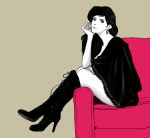  1girl black_hair boots chair character_request earrings jewelry knee_boots long_hair ma2 multiple_monochrome sitting 