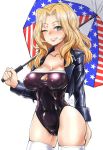  1girl american_flag american_flag_print artist_name black_jacket black_leotard blazer blonde_hair blue_eyes breasts cleavage commentary_request cowboy_shot dated eyebrows_visible_through_hair flag_print girls_und_panzer grin holding holding_umbrella jacket kay_(girls_und_panzer) large_breasts latex leotard long_hair long_sleeves looking_at_viewer one_eye_closed qzo_(akai_kitsune) racequeen sagging_breasts shiny shiny_clothes signature simple_background skindentation smile solo strapless strapless_leotard thigh-highs umbrella white_background white_legwear 
