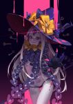  1girl abigail_williams_(fate/grand_order) black_panties bow fate/grand_order fate_(series) grey_hair grin hat key keyhole long_hair looking_at_viewer orange_bow panties pink_blood pink_eyes polka_dot polka_dot_bow red_eyes revealing_clothes smile smile_(mm-l) solo third_eye underwear very_long_hair witch_hat 