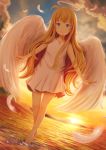  1girl :/ ahoge angel angel_wings blonde_hair blue_eyes clouds dress droplets dutch_angle feathers floating full_body gabriel_dropout halo highres kirimatsu long_hair looking_at_viewer outstretched_arms sky solo sunset tenma_gabriel_white walking walking_on_liquid water white_dress wings 