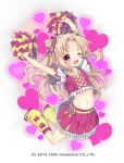  1girl ;d arms_up bangs blush bow breasts crop_top eyebrows_visible_through_hair frilled_skirt frills full_body gothic_wa_mahou_otome hair_bow hair_intakes hair_ornament hair_scrunchie heart heart_background holding jumping leg_warmers light_brown_hair long_hair looking_at_viewer midriff nachiru navel official_art one_eye_closed open_mouth pink_bow pink_scrunchie pink_shirt pink_skirt pleated_skirt pom_poms red_eyes ribbon scrunchie shirt shoes short_sleeves sidelocks skirt small_breasts smile sneakers solo striped striped_bow very_long_hair white_background yellow_footwear yellow_legwear yellow_ribbon 