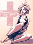  1girl barefoot breasts commentary highres lips looking_at_viewer medium_breasts mercy_(overwatch) nose overwatch overwatch_(logo) pants ponytail robert_porter sitting sleeveless solo spiky_hair striped tank_top toes vertical_stripes yoga_pants 