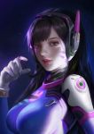  1girl absurdres blue_bodysuit bodysuit breasts brown_hair closed_mouth d.va_(overwatch) facepaint facial_mark gloves grey_eyes headphones highres large_breasts long_hair looking_at_viewer overwatch pilot_suit portrait ribbed_bodysuit shoulder_pads skin_tight solo whisker_markings white_gloves y_xun 