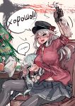  2girls alcohol black_legwear black_skirt blue_eyes blush breasts chicken_(food) christmas christmas_ornaments christmas_tree couch dress food gangut_(kantai_collection) gloves grey_gloves grey_hair hair_between_eyes hair_ornament hairclip hat hibiki_(kantai_collection) highres horosho kakiiro_(takuya) kantai_collection large_breasts long_hair looking_at_viewer military military_hat military_uniform miniskirt multiple_girls naval_uniform new_year one_eye_closed open_mouth orange_eyes pantyhose peaked_cap red_shirt sailor_collar sailor_dress sailor_hat school_uniform serafuku shirt silver_hair simple_background skirt spruce table uniform verniy_(kantai_collection) vodka 