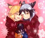  2girls :d ;) animal_ears black_gloves black_hair blonde_hair commentary_request ezo_red_fox_(kemono_friends) fox_ears gloves hand_holding happy highres interlocked_fingers kemono_friends multicolored_hair multiple_girls one_eye_closed open_mouth orange_eyes silver_fox_(kemono_friends) silver_hair smile snowflakes 