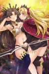  2girls absurdres anklet armlet armpits bandeau bangs between_legs black_dress black_legwear black_panties black_ribbon blonde_hair blue_legwear breasts brown_hair cape cleavage closed_mouth commentary_request crown diffraction_spikes dress dual_persona earrings ereshkigal_(fate/grand_order) eyebrows_visible_through_hair fate/grand_order fate_(series) feet_out_of_frame frilled_sleeves frills from_side frown glint gold_trim groin hair_ribbon hair_tousle hand_on_own_cheek hand_up highleg highleg_panties highres holding holding_weapon ishtar_(fate/grand_order) jeffrey10 jewelry light_blush long_hair long_sleeves looking_at_viewer looking_to_the_side medium_breasts midriff multiple_girls navel neck_ring open_mouth panties parted_bangs profile red_cape red_eyes red_ribbon ribbon short_dress sidelocks single_thighhigh smile sparkle star taut_clothes teeth thigh-highs tiara tohsaka_rin tsurime two_side_up underwear v-shaped_eyebrows very_long_hair weapon yellow_eyes 