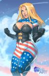  1girl american_flag artist_logo black_gloves blonde_hair blue_eyes bodysuit breasts bustier chuck_pires cleavage cleavage_cutout clenched_hands clouds covered_navel elbow_gloves eyeshadow flag_print gloves hair_over_one_eye large_breasts lips long_hair looking_at_viewer makeup mount_olympus_comics nose open_mouth patriotika patriotism skin_tight solo standing standing_on_one_leg superhero w_arms 