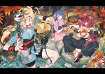  /\/\/\ 3girls ahoge anger_vein anklet azur_lane bike_shorts blonde_hair blue_hair boiling bow breasts campfire cleavage cleveland_(azur_lane) closed_eyes crab eating flower fox_mask hair_bow hair_flower hair_ornament helena_(azur_lane) japanese_clothes jewelry jukyu_kibato kimono large_breasts leaf letterboxed long_hair maple_leaf mask mask_on_head multiple_girls one_side_up open_mouth ponytail pot red_eyes redhead sandals sitting splashing sweatdrop tasuki wichita_(azur_lane) wristband you&#039;re_doing_it_wrong 