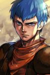  1boy blue_eyes blue_hair character_request closed_mouth copyright_request hankuri looking_at_viewer male_focus serious shoulder_pads solo sunlight upper_body 