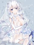  1girl azur_lane bangs bare_shoulders blue_eyes blue_flower bouquet breasts cleavage closed_mouth collarbone commentary_request copyright_name dress elbow_gloves flower gloves hair_flower hair_ornament halter_dress illustrious_(azur_lane) large_breasts long_hair looking_at_viewer low_twintails sakura_mochiko see-through silver_hair sitting smile solo sparkle thigh-highs twintails veil very_long_hair wedding_dress white_dress white_flower white_gloves white_legwear 