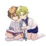  2boys bandaid bandaid_on_cheek bandaid_on_face bandaid_on_knee bandaid_on_leg book brown_eyes brown_hair chocomilk_nu eiden_(nu_carnival) green_eyes green_hair holding holding_book long_sleeves looking_down male_child male_focus multiple_boys nu_carnival off_shoulder official_alternate_costume olivine_(nu_carnival) open_book short_hair simple_background sitting smile socks white_background younger 