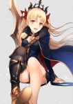  1girl arm_support asymmetrical_legwear asymmetrical_sleeves bangs between_breasts black_legwear blonde_hair blush cape commentary_request earrings ereshkigal_(fate/grand_order) fate/grand_order fate_(series) fur-trimmed_cape fur_trim hair_ribbon invisible_chair jewelry kyoeiki long_hair open_mouth red_eyes red_ribbon ribbon single_thighhigh sitting skull solo thigh-highs tiara tohsaka_rin twintails weapon 