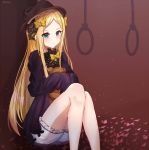  1girl abigail_williams_(fate/grand_order) bangs black_bow black_dress black_hat blonde_hair bloomers blue_eyes blush bow brown_background butterfly commentary_request dress eyebrows_visible_through_hair fate/grand_order fate_(series) hair_bow hands_in_sleeves hat highres kouta_hann long_hair long_sleeves looking_away noose object_hug orange_bow parted_bangs polka_dot polka_dot_bow sitting solo stuffed_animal stuffed_toy teddy_bear underwear v-shaped_eyebrows very_long_hair white_bloomers 