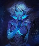  1girl absurdres blue_eyes blue_gloves blue_sclera blue_skin blurry breasts closed_mouth commentary earrings finger_to_mouth fingernails gloves highres index_finger_raised jewelry large_breasts looking_at_viewer matilda_vin overwatch patreon_username sharp_fingernails short_hair shushing silver_hair smile solo sombra_(overwatch) upper_body 