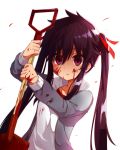  1girl blood blood_on_face blood_splatter bloody_clothes bloody_hands bloody_weapon collarbone ebisuzawa_kurumi empty_eyes eyebrows_visible_through_hair gakkou_gurashi! gym_uniform hair_ribbon highres jacket long_hair purple_hair ribbon shovel twintails violet_eyes weapon worktool yuuuuu 