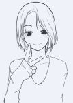  1girl blue_background blush closed_mouth commentary_request hand_up hi_iro long_sleeves looking_at_viewer mole mole_under_eye monochrome original short_hair simple_background sleeves_past_wrists smile solo sweater upper_body v 
