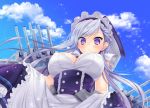  1girl azur_lane belfast_(azur_lane) braid breasts cleavage commentary corset from_below large_breasts long_hair looking_at_viewer looking_down machinery maid maid_headdress parted_lips silver_hair solo turret violet_eyes zest_(lossol) 