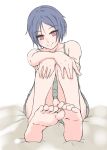  1girl bangs bare_arms bare_legs bare_shoulders barefoot blue_hair camisole closed_mouth commentary_request eyebrows_visible_through_hair feet full_body head_tilt hi_iro looking_at_viewer red_eyes short_hair simple_background sitting soles solo toes white_background 