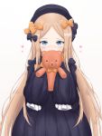  1girl abigail_williams_(fate/grand_order) bangs black_bow black_dress black_hat blonde_hair blue_eyes blush bow commentary_request covered_mouth dress fate/grand_order fate_(series) forehead hair_bow hands_in_sleeves hat heart highres holding holding_stuffed_animal long_sleeves looking_at_viewer mentai_mayo orange_bow parted_bangs polka_dot polka_dot_bow simple_background solo stuffed_animal stuffed_toy teddy_bear white_background 