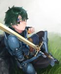  1boy alm_(fire_emblem) armor fire_emblem fire_emblem_echoes:_mou_hitori_no_eiyuuou futabaaf gloves green_eyes green_hair highres male_focus simple_background solo weapon white_background 