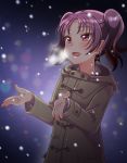  1girl :d bangs beige_coat blurry bokeh breath coat commentary_request depth_of_field highres hood hood_down hooded_coat kazuno_leah light_blush long_sleeves love_live! love_live!_sunshine!! motoasako night open_hands open_mouth purple_hair smile snowing solo twintails upper_body violet_eyes winter_clothes 
