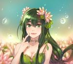  1girl annabel-m asui_tsuyu bangs bare_arms bare_shoulders boku_no_hero_academia bound bound_wrists breasts bubble choker cleavage closed_mouth dress eyebrows_visible_through_hair fingernails flower green_dress green_eyes green_hair hair_between_eyes hair_flower hair_ornament leaf leaf_on_head lips long_hair looking_at_viewer lotus medium_breasts pink_lips smile solo upper_body 