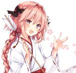  1boy arrow astolfo_(fate) bow braid cherry_blossoms commentary_request eyebrows_visible_through_hair fang fate/grand_order fate_(series) gomano_rio hair_between_eyes hair_bow hair_intakes hamaya hand_up japanese_clothes long_hair miko open_mouth pink_hair solo trap violet_eyes white_background wide_sleeves 