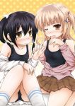  2girls bangs bare_shoulders black_hair black_school_swimsuit blush brown_eyes brown_skirt closed_mouth collarbone eyebrows_visible_through_hair fujisaka_lyric hand_holding knees_together_feet_apart light_brown_hair long_hair long_sleeves looking_at_viewer multiple_girls nose_blush off_shoulder one-piece_swimsuit one_eye_closed one_side_up orange_background original pink_shirt pleated_skirt polka_dot polka_dot_background school_swimsuit seiza shirt sitting skirt smile socks swimsuit swimsuit_under_clothes tongue tongue_out twintails white_legwear white_shirt 