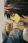  1boy bags_under_eyes biting black_eyes black_hair blue_pants death_note denim grey_background hankuri jeans l_(death_note) long_sleeves male_focus nail_biting pants parted_lips profile shirt simple_background solo white_shirt 
