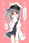  1girl belt belt_buckle black_dress black_ribbon blush brown_eyes buckle buttons commentary_request dress eyebrows_visible_through_hair grey_hair hair_ribbon hat k_hiro kantai_collection kasumi_(kantai_collection) long_hair military military_uniform naval_uniform peaked_cap pinafore_dress red_ribbon ribbon side_ponytail sleeves_past_wrists solo speech_bubble translation_request uniform 