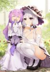  2girls :d artist_name ass azur_lane bangs bare_shoulders black_footwear blue_eyes breasts choker cleavage closed_eyes dress elbow_gloves eyebrows_visible_through_hair full_body gem gloves gourd hair_bun hat high_heels highres illustrious_(azur_lane) large_breasts long_hair looking_at_viewer low_twintails mole mole_under_eye multiple_girls open_mouth purple_hair sendrawz shoes size_difference smile squatting strapless strapless_dress stuffed_animal stuffed_toy stuffed_unicorn thigh-highs twintails unicorn_(azur_lane) v white_dress white_gloves white_hair white_legwear 