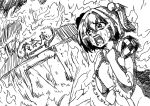  1girl apron bangs bell building burning checkered commentary_request crying crying_with_eyes_open greyscale hair_bell hair_ornament highres himajin_no_izu monochrome motoori_kosuzu open_mouth solo sweat tears touhou twintails upper_body wide_sleeves 
