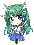 1girl animal_ears black_shoes blue_eyes blush chibi detached frills frog fule green_hair hair_accessories kochiya_sanae long_hair pantyhose shoes skirt sleeves snake touhou