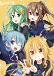  4girls :d black_sailor_collar black_serafuku blonde_hair blue_cardigan blue_eyes blue_hair blue_jacket blue_serafuku cardigan crescent crescent_hair_ornament crescent_moon_pin fumizuki_(kantai_collection) green_eyes green_hair grin hair_ornament jacket kantai_collection long_hair long_sleeves minazuki_(kantai_collection) multiple_girls nagasioo nagatsuki_(kantai_collection) one_eye_closed open_mouth ponytail remodel_(kantai_collection) sailor_collar satsuki_(kantai_collection) school_uniform serafuku short_hair smile twintails twitter_username yellow_background yellow_eyes 