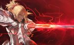  1girl armor bangs blonde_hair blurry braid breastplate clarent commentary_request depth_of_field electricity eyebrows_visible_through_hair fate/apocrypha fate_(series) faulds fighting_stance french_braid gauntlets glowing glowing_sword glowing_weapon green_eyes hair_ornament hair_scrunchie holding holding_sword holding_weapon long_hair looking_away mordred_(fate) mordred_(fate)_(all) open_mouth pauldrons ponytail red_background red_scrunchie scrunchie serious shiny shiny_hair sidelocks solo standing sword teko two-handed upper_body v-shaped_eyebrows weapon 