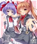  2girls :&lt; ;d absurdres ahoge aloe_(quiz_magic_academy) animal_ears bangs black_jacket blush bow bowtie brown_hair cat_ears center_frills commentary_request detached_sleeves eyebrows_visible_through_hair fingernails frilled_skirt frills funakoshi grey_skirt hair_between_eyes hair_bow head_tilt high-waist_skirt highres jacket long_hair long_sleeves looking_at_viewer multiple_girls myu_(quiz_magic_academy) one_eye_closed open_clothes open_jacket open_mouth outstretched_arm parted_lips puffy_long_sleeves puffy_sleeves purple_hair quiz_magic_academy red_bow red_neckwear shirt short_hair skirt smile star suspender_skirt suspenders triangle_mouth twintails very_long_hair violet_eyes white_shirt 