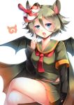  1girl absurdres bat_ears bat_wings blue_eyes cape commentary_request fangs highres hilgendorf&#039;s_tube-nose_bat_(kemono_friends) japari_symbol kanzakietc kemono_friends legs_crossed looking_at_viewer mask mask_on_head open_mouth pleated_skirt school_uniform serafuku short_hair simple_background sitting skirt solo tengu_mask white_background wings 