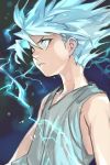  1boy bare_arms bare_shoulders blue_eyes blue_hair closed_mouth electricity from_side grey_shirt hair_between_eyes hankuri hunter_x_hunter killua_zoldyck male_focus shirt solo sparks spiky_hair upper_body 
